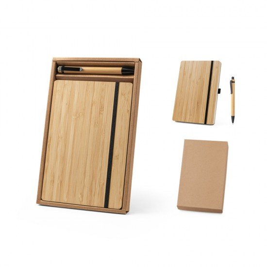 Conjunto de caderno 14x21 e esferogr&aacute;fica em bambu Para Brindes