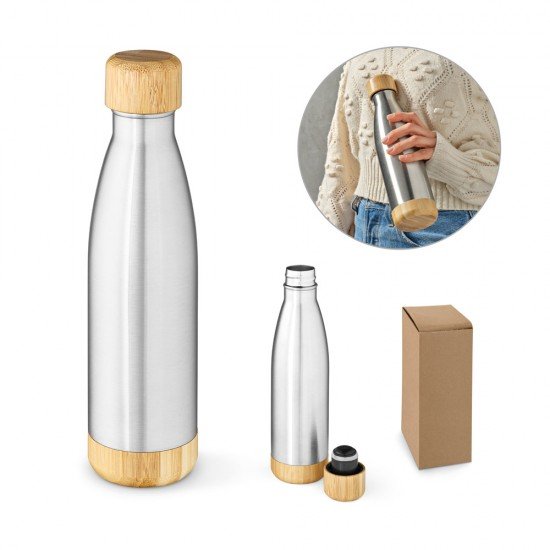 Garrafa em a&ccedil;o inox com tampa em bambu 550 mL Personalizada