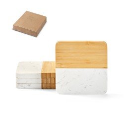 Conjunto de 4 porta copos em m&aacute;rmore e bambu Personalizado