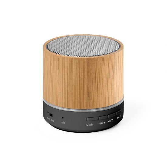 Caixa de som port&aacute;til com microfone, em bambu Personalizada